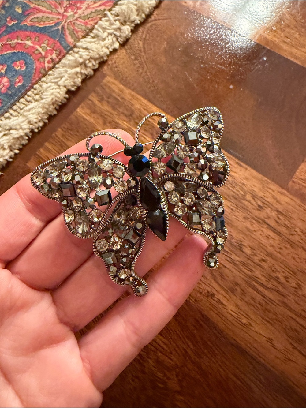 Crystal Butterfly Brooch Pin - Black and Silver Accent, vintage